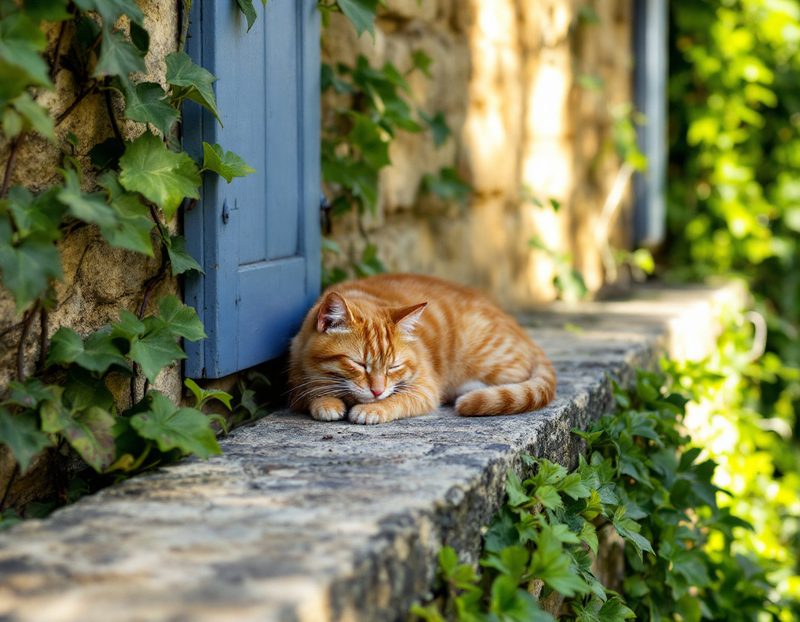 Chat roux endormi sur un muret couvert de lierre