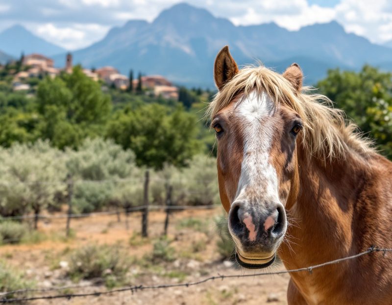 Cheval dans un enclos, montagne du Luberon et village perché à l'arrière-plan